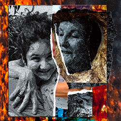 Collage of woman with her arm around a young girl against a background of flames